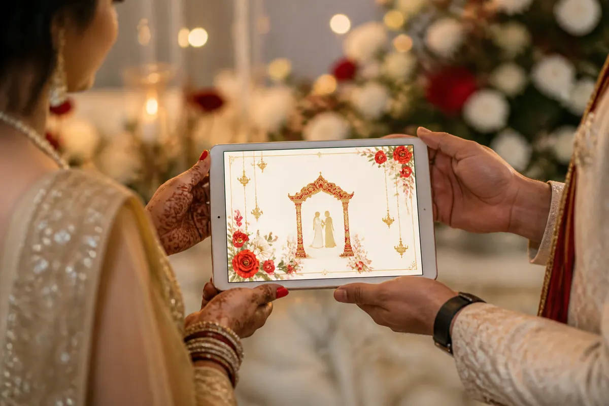 Couple reviewing a digital wedding invitation