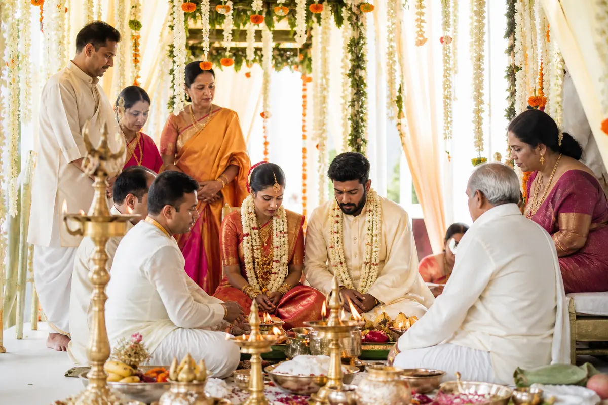 Decorated mandap and ceremony timeline atmosphere