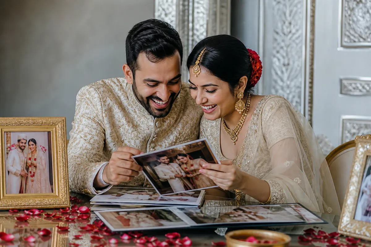 Couple looking through wedding album photographs