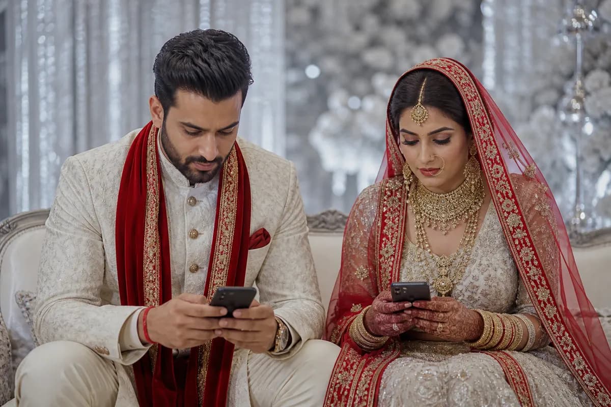 Bride and groom hosting with guest lists on phones
